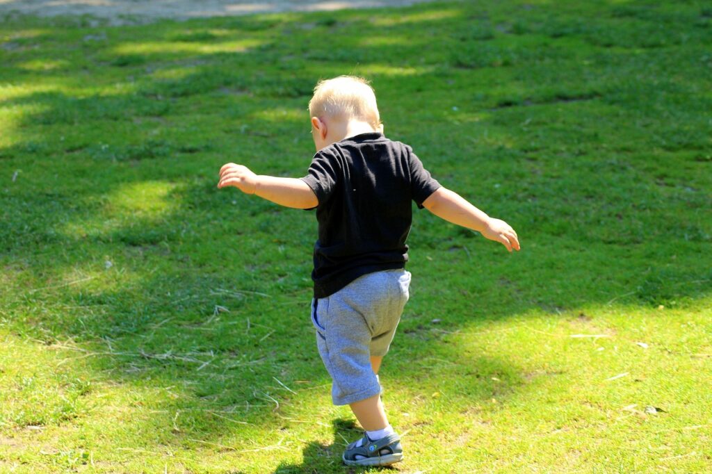 child, nature, little man, first steps, boy, childhood, the first year of life, stamp, grass, spring